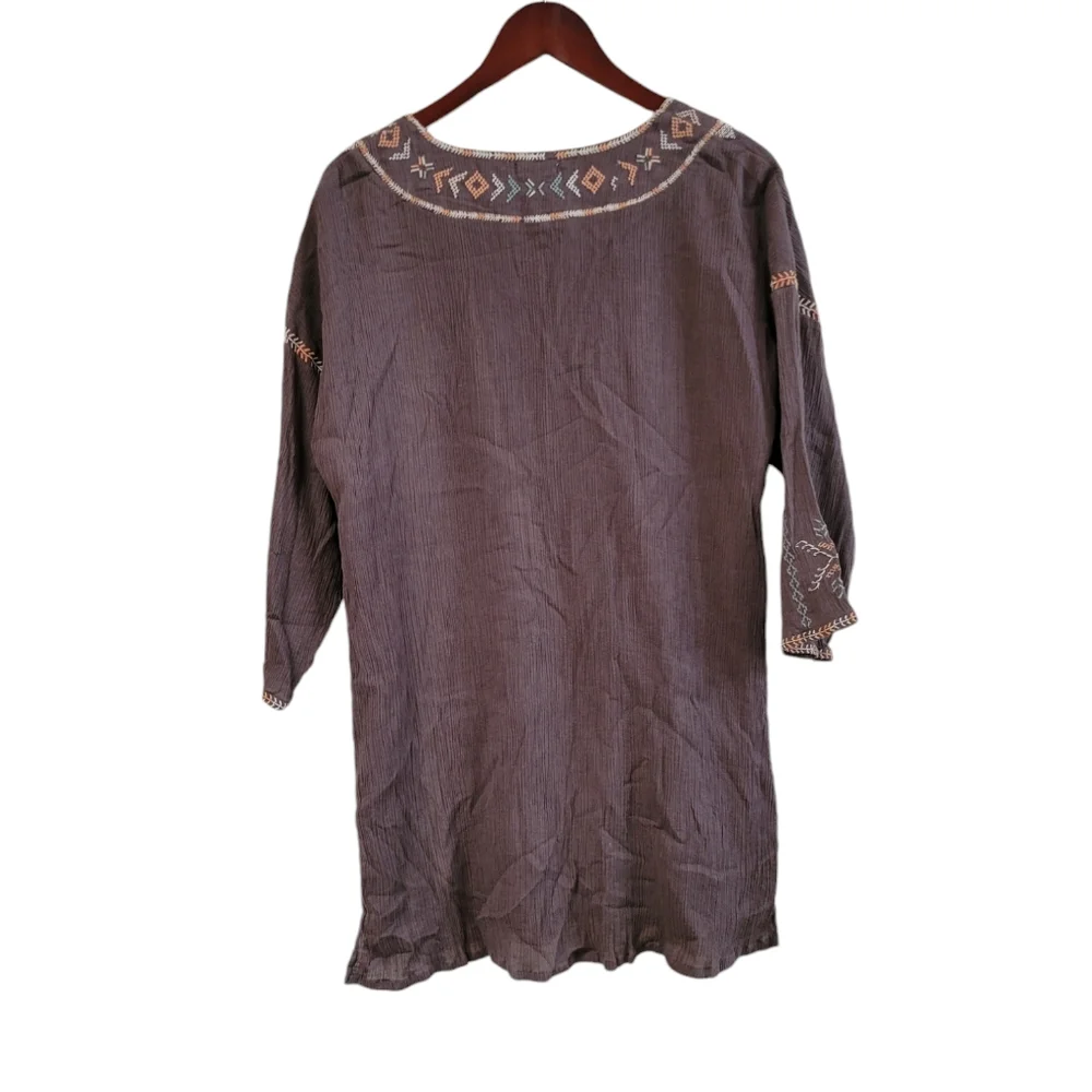 Garnet Hill Gray Boho Embroidered Tunic Top Size 14 Large Peasant Top - Picture 3 of 6